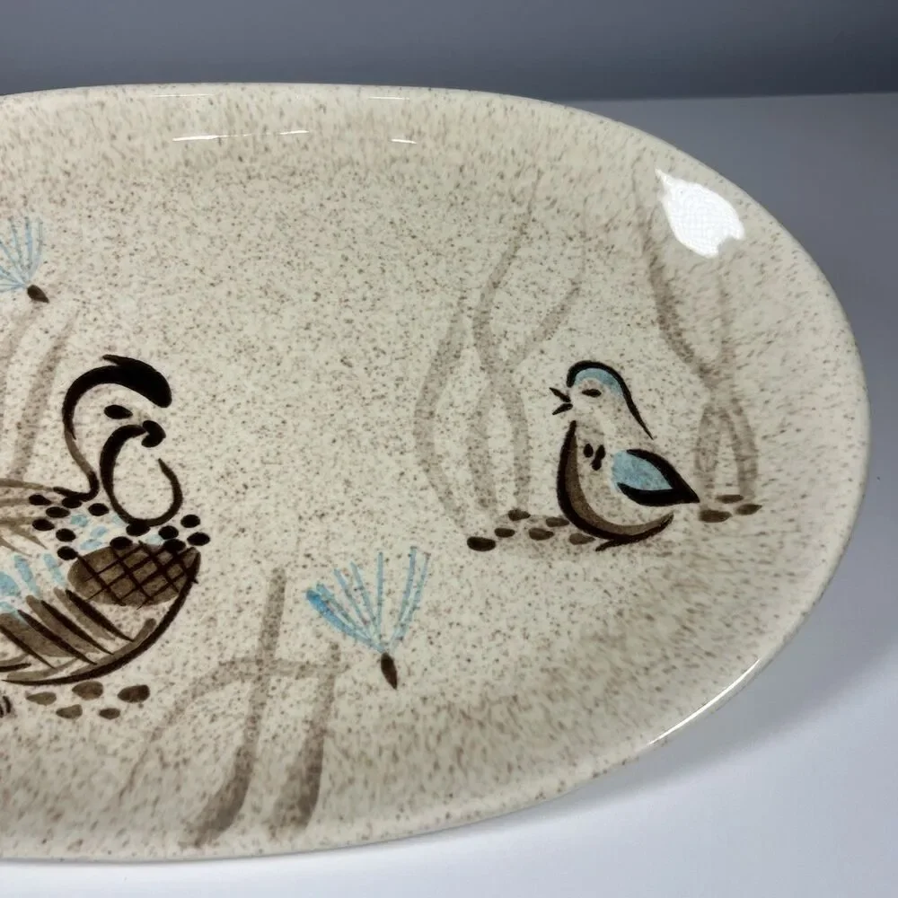 1 Vintage Red Wing Bob White Oval Platter Speckled Stoneware Quail 13.5 x 9